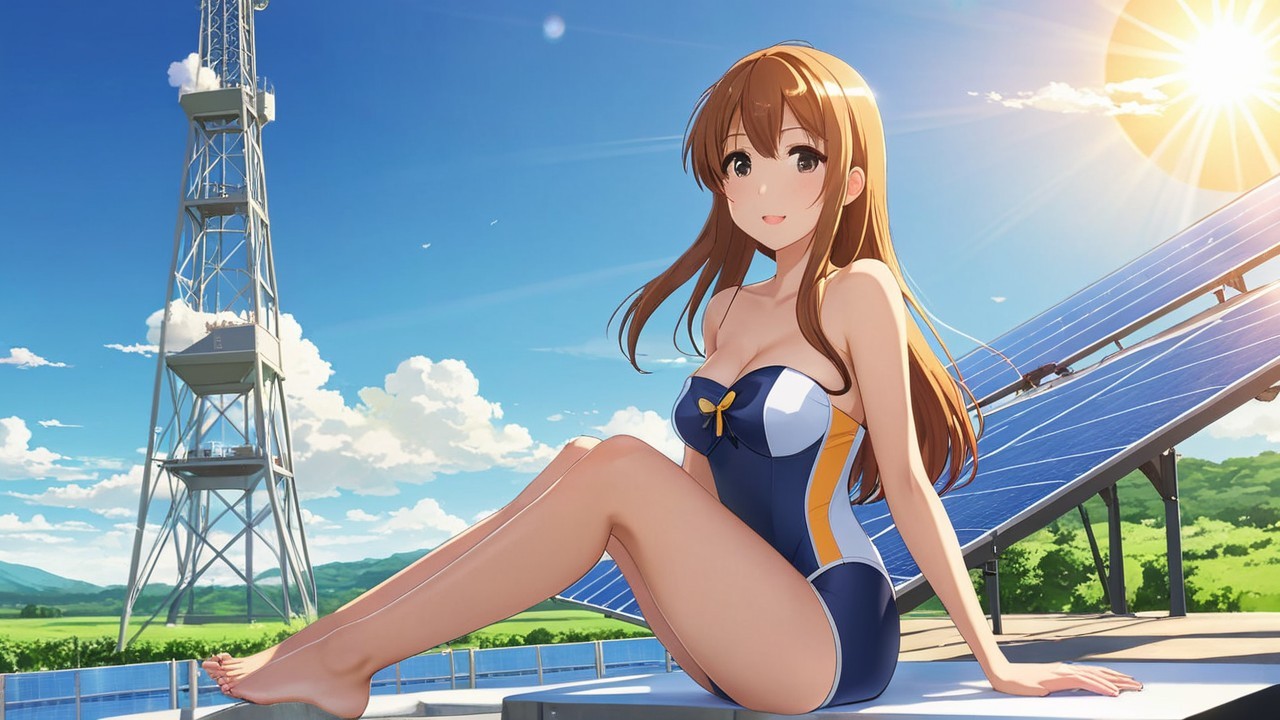 Cheerful Anime Girl in Stylish Swimsuit on Rooftop