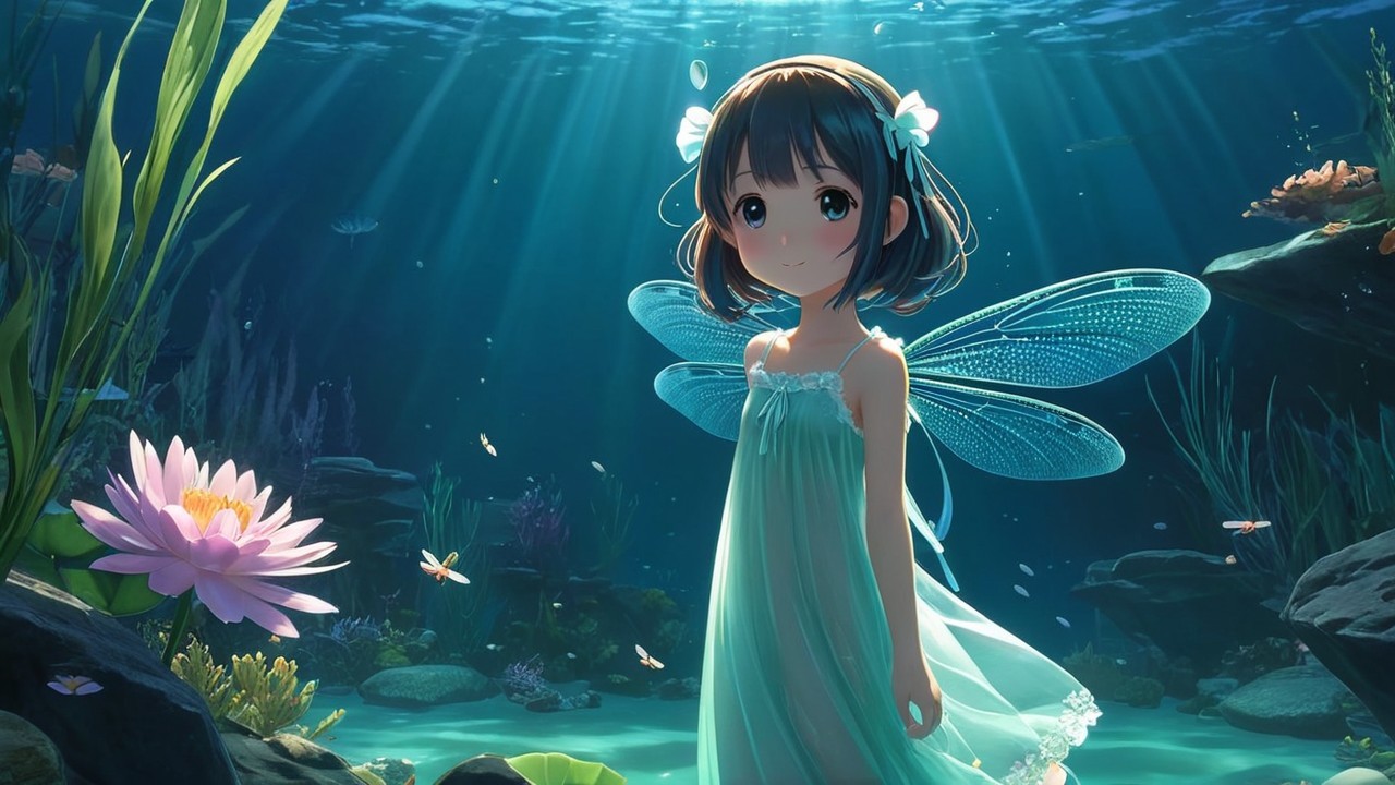 Underwater Scene with Girl and Butterfly Wings