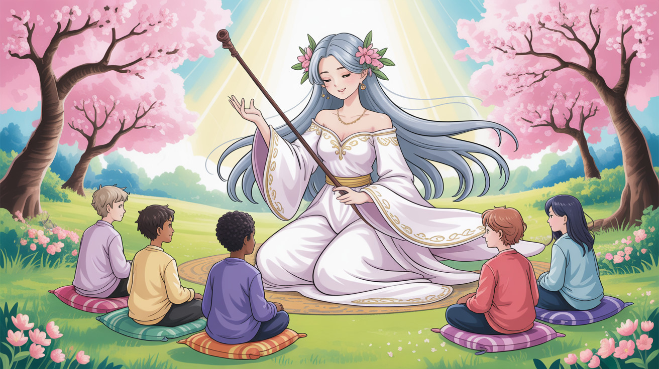 Anime Illustration of Woman with Children in a Field