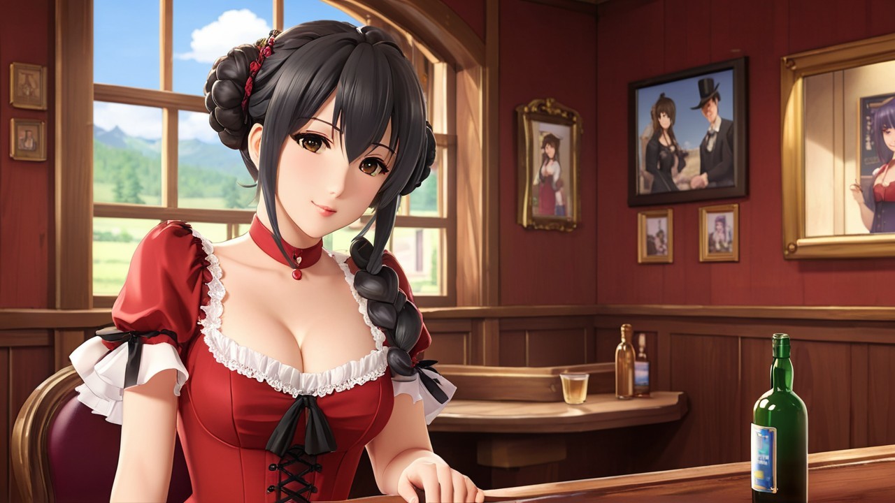 Young Woman in Braids at Tavern with Scenic Background