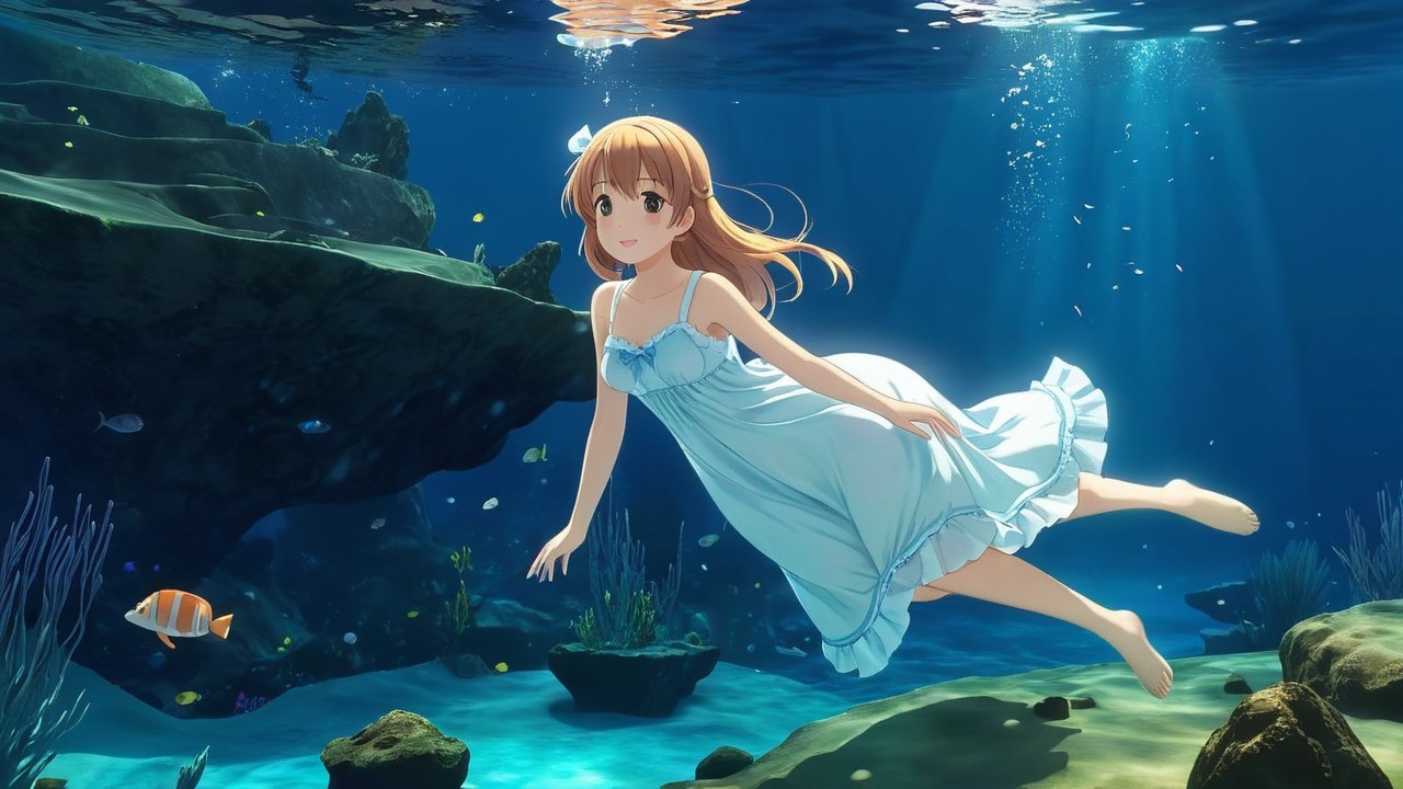 Young girl swimming gracefully underwater with fish