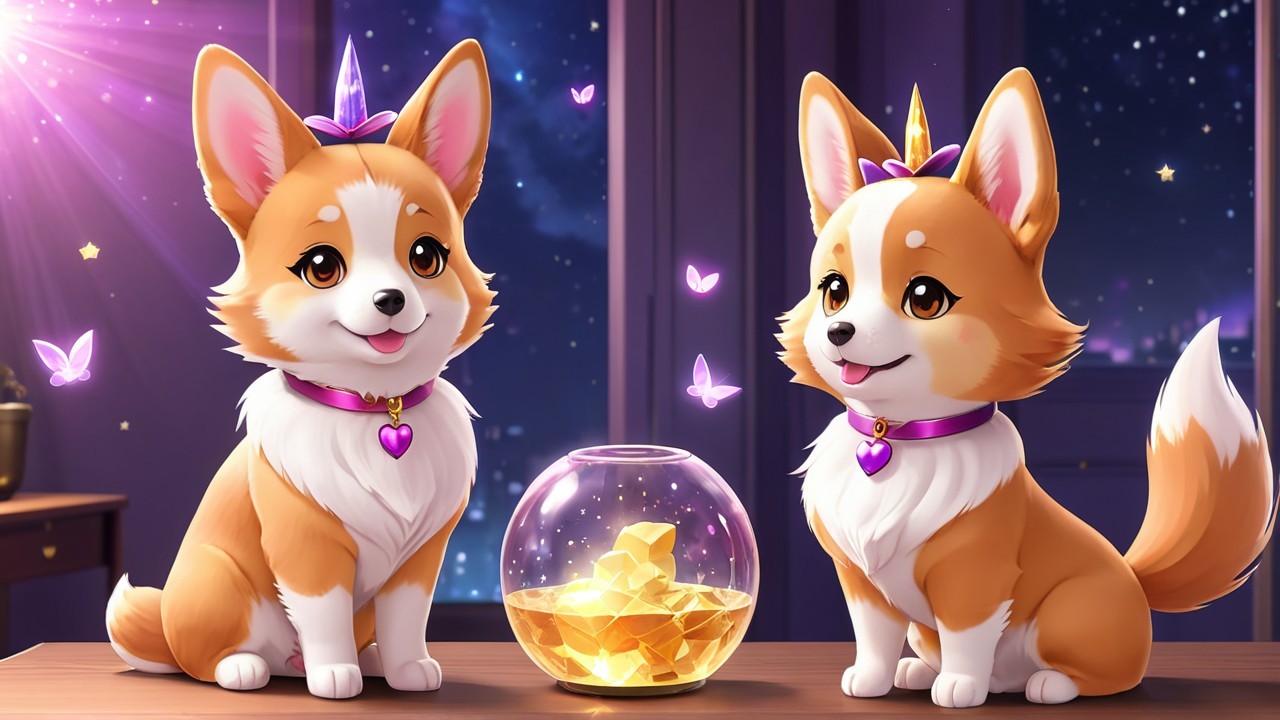 Corgis with crowns beside a sparkling fishbowl