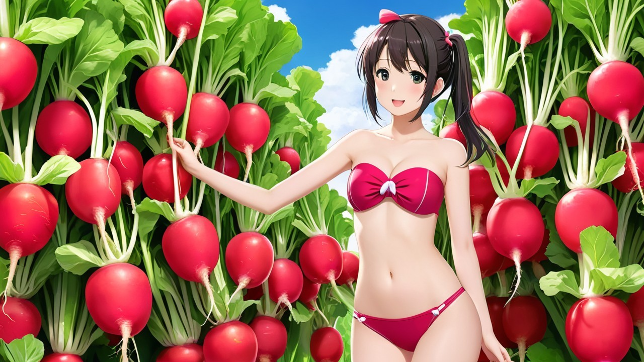Cheerful Anime Girl in Garden of Radish Plants