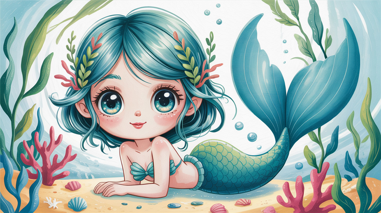 Charming chibi mermaid illustration on sandy ocean floor