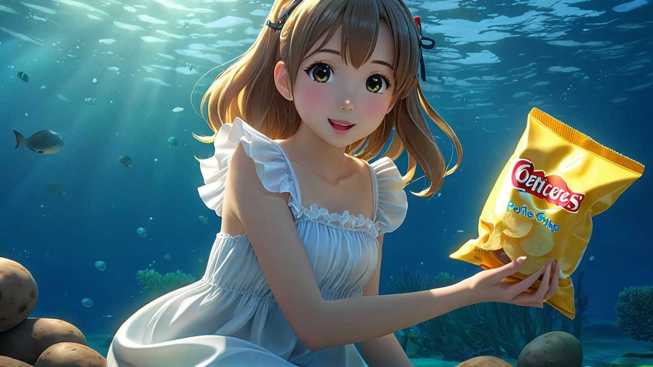 Underwater Scene of Girl in White Dress with Chips