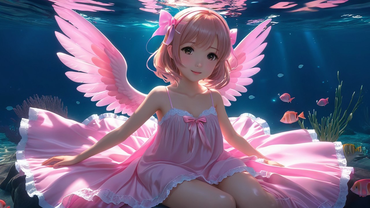 Young girl with pink wings underwater in soft pink dress