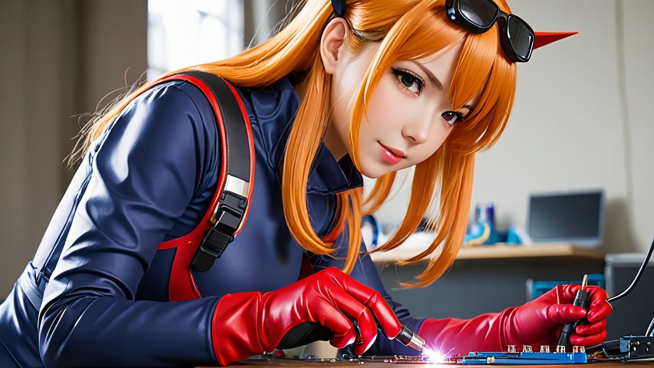 Young woman in blue and red outfit working with tech