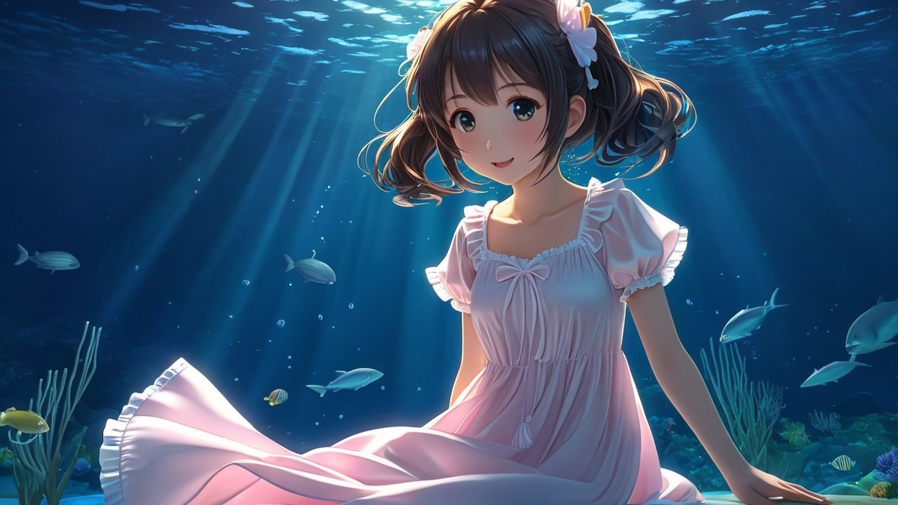 Young girl in pink dress sitting underwater with fish