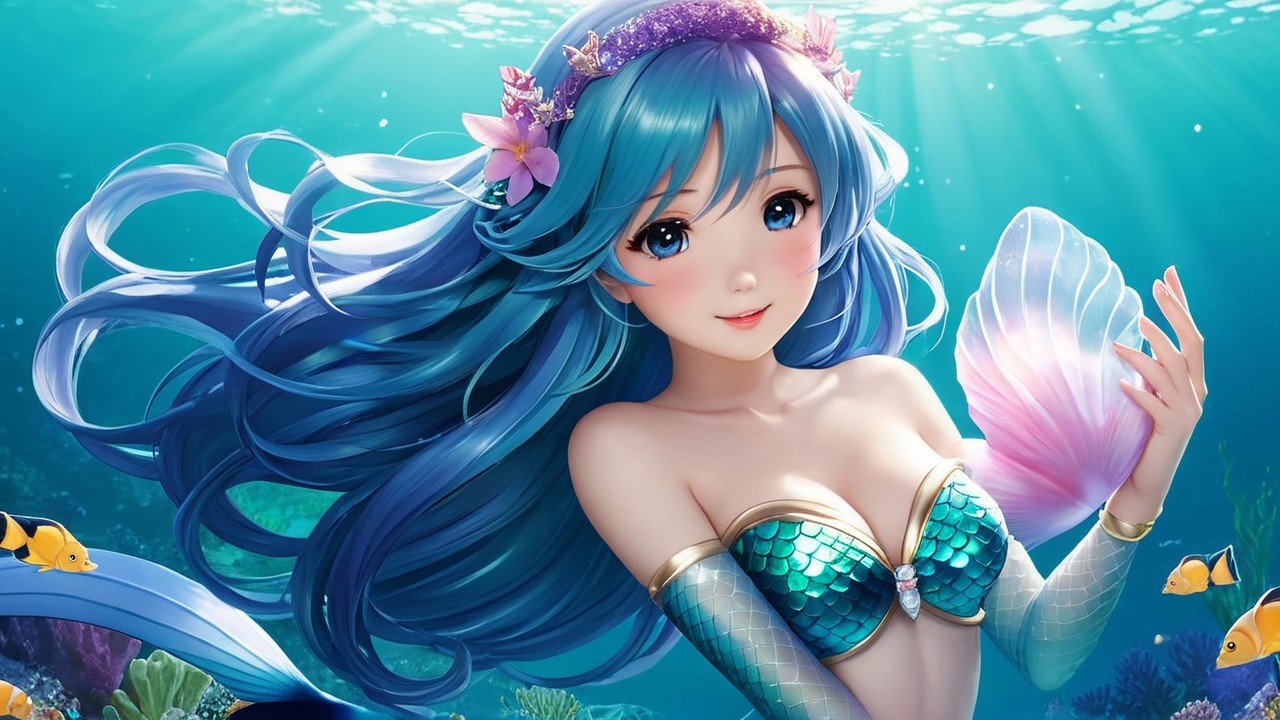 Vibrant Underwater Scene with Mermaid and Coral