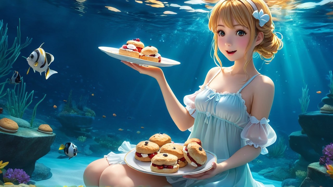 Young Woman in Vibrant Underwater Scene with Snacks