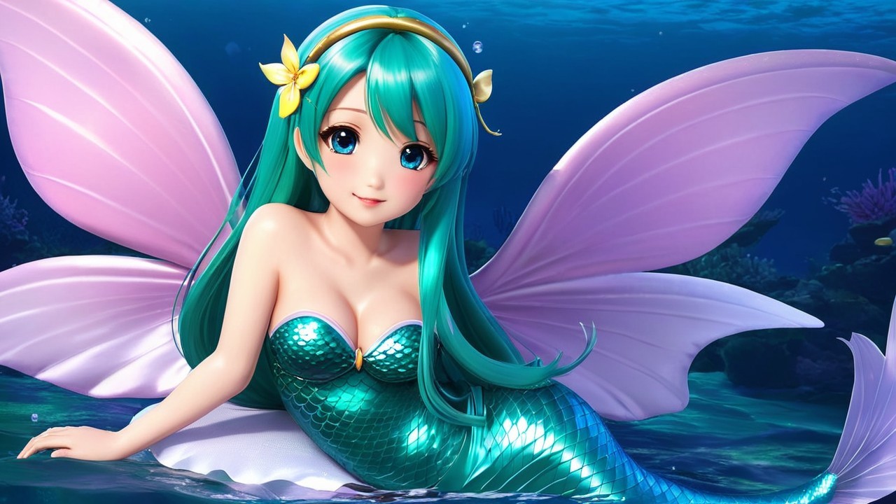 Mermaid with Teal Hair and Pink Wings in Water