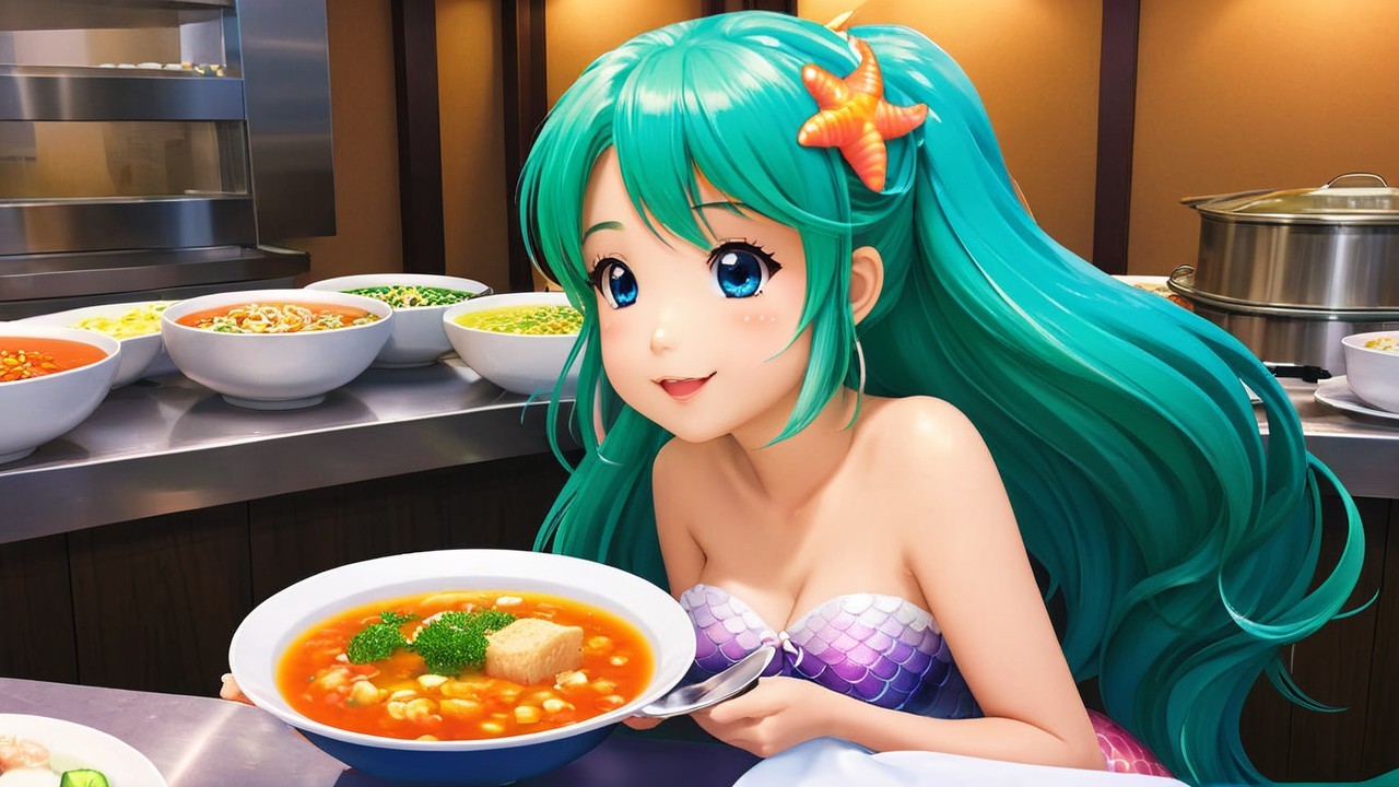 Mermaid Girl in Colorful Kitchen with Soup Bowl