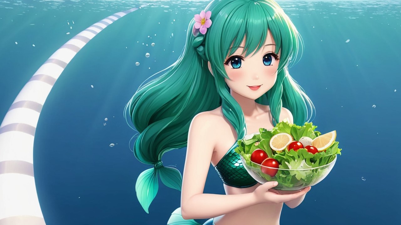 Vibrant Underwater Scene with Girl and Salad Bowl