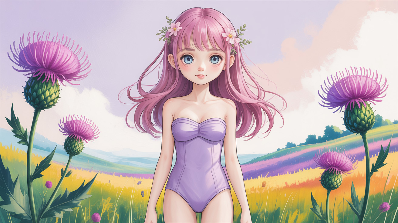 Anime girl in purple swimsuit in colorful field