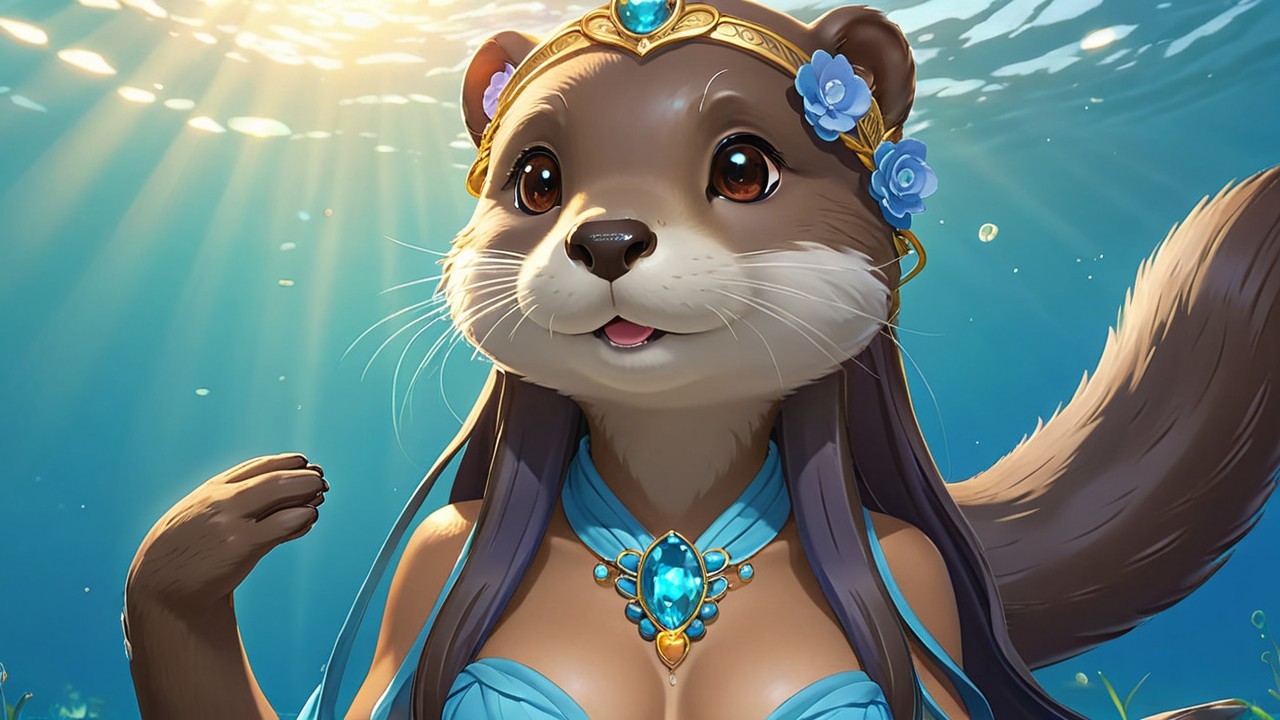 Anthropomorphic otter in blue dress underwater scene
