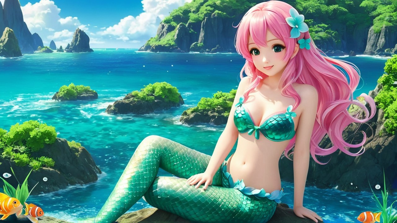 Whimsical Mermaid by Shoreline with Colorful Fish
