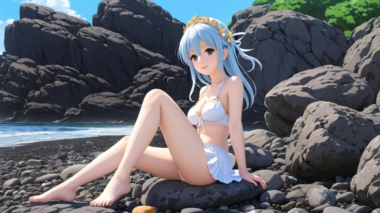 Anime Character on Serene Beach with Floral Crown