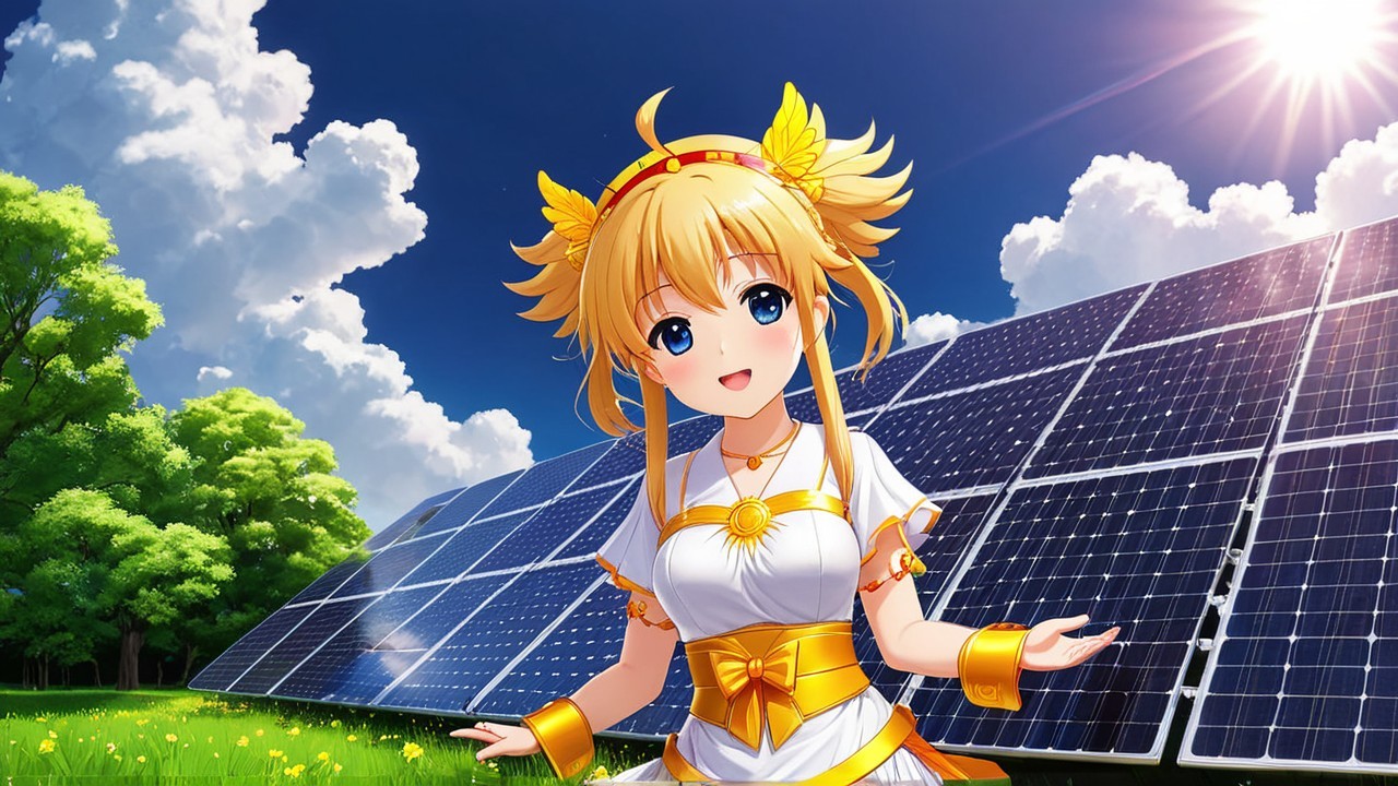 Anime Girl in Nature with Solar Panels and Sunshine