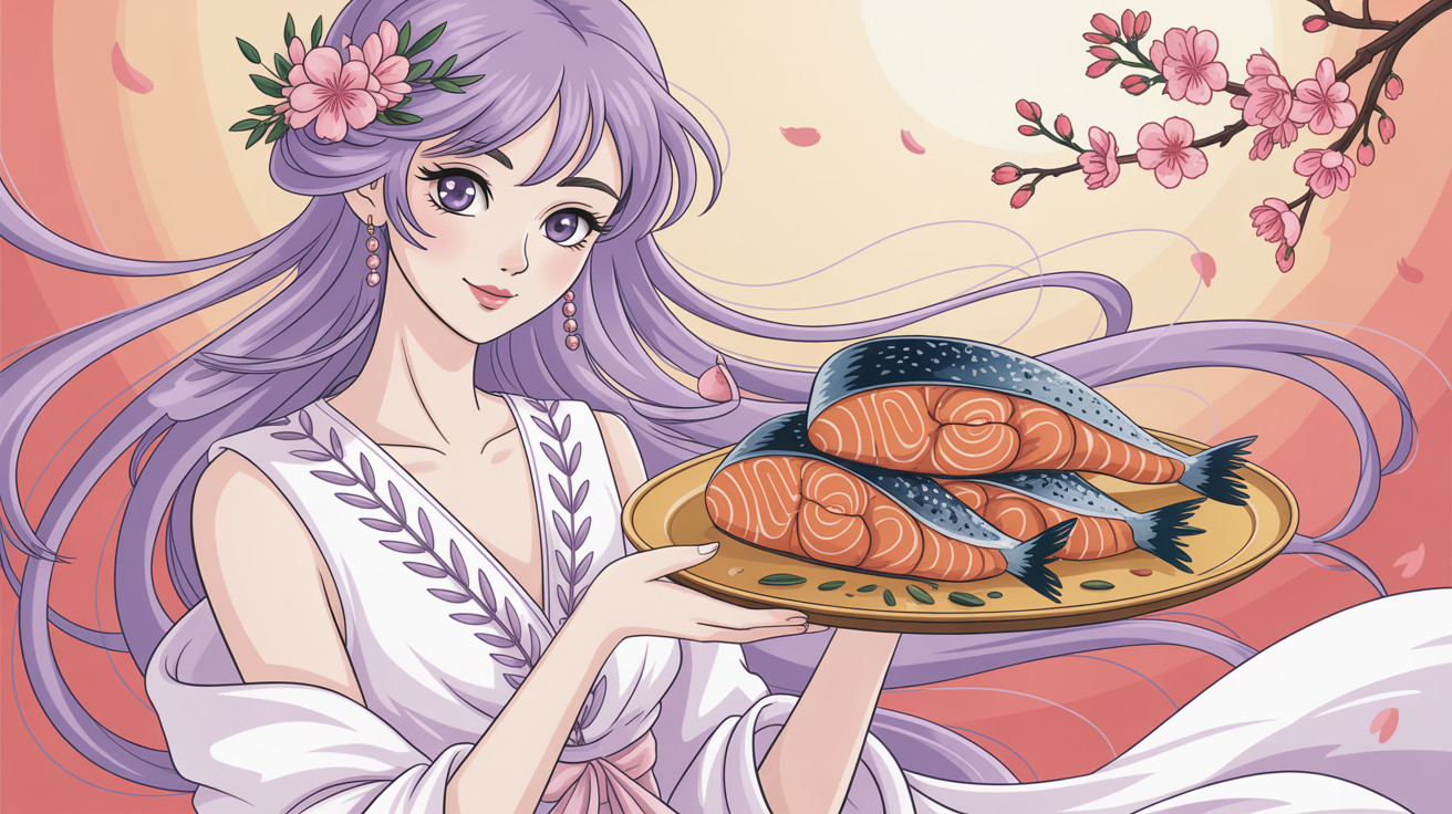 Ethereal Anime Girl with Lavender Hair and Salmon Fillets