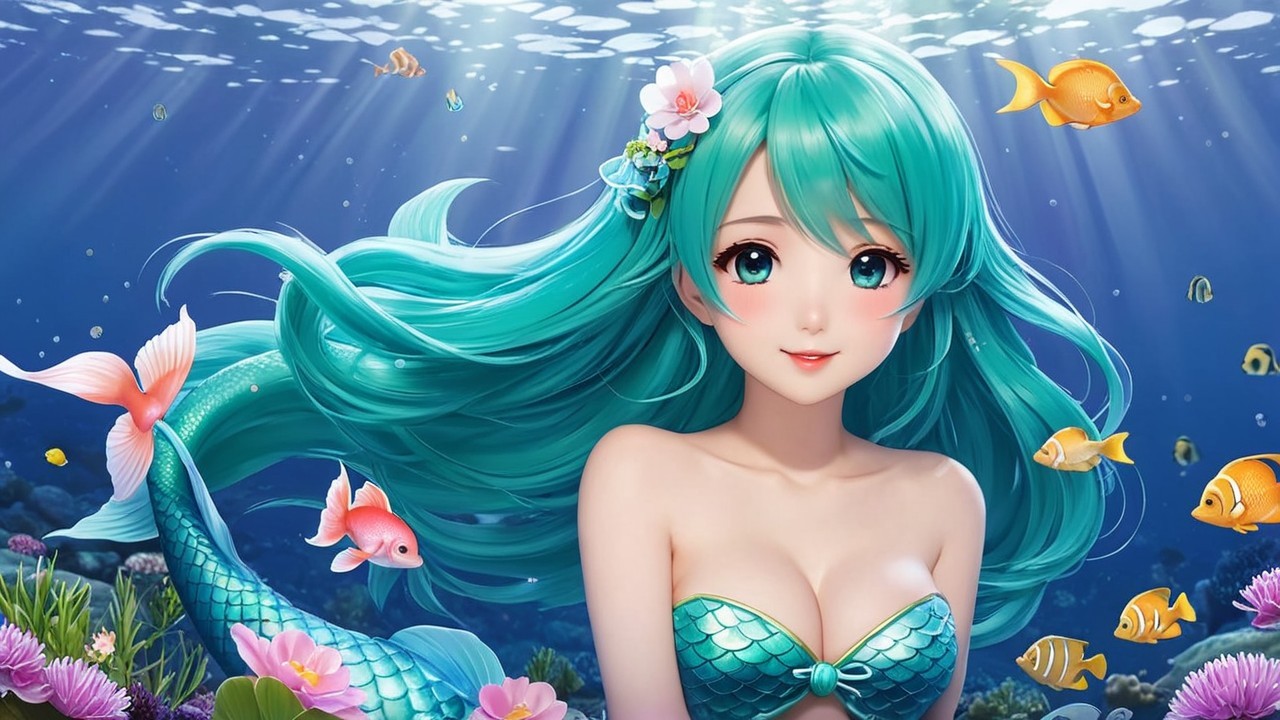 Vibrant Underwater Scene with Mermaid and Marine Life