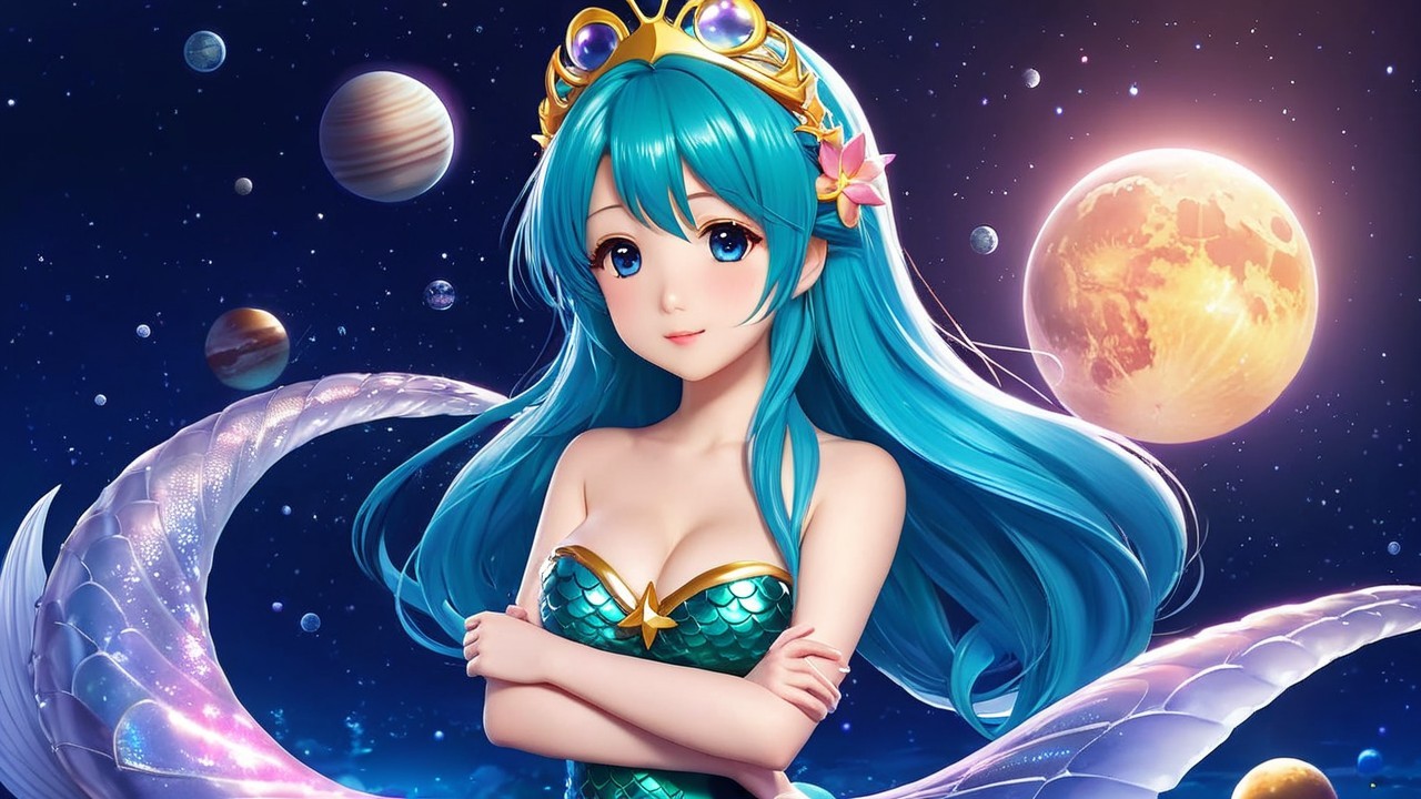 Vibrant Anime Character with Mermaid Tail in Space