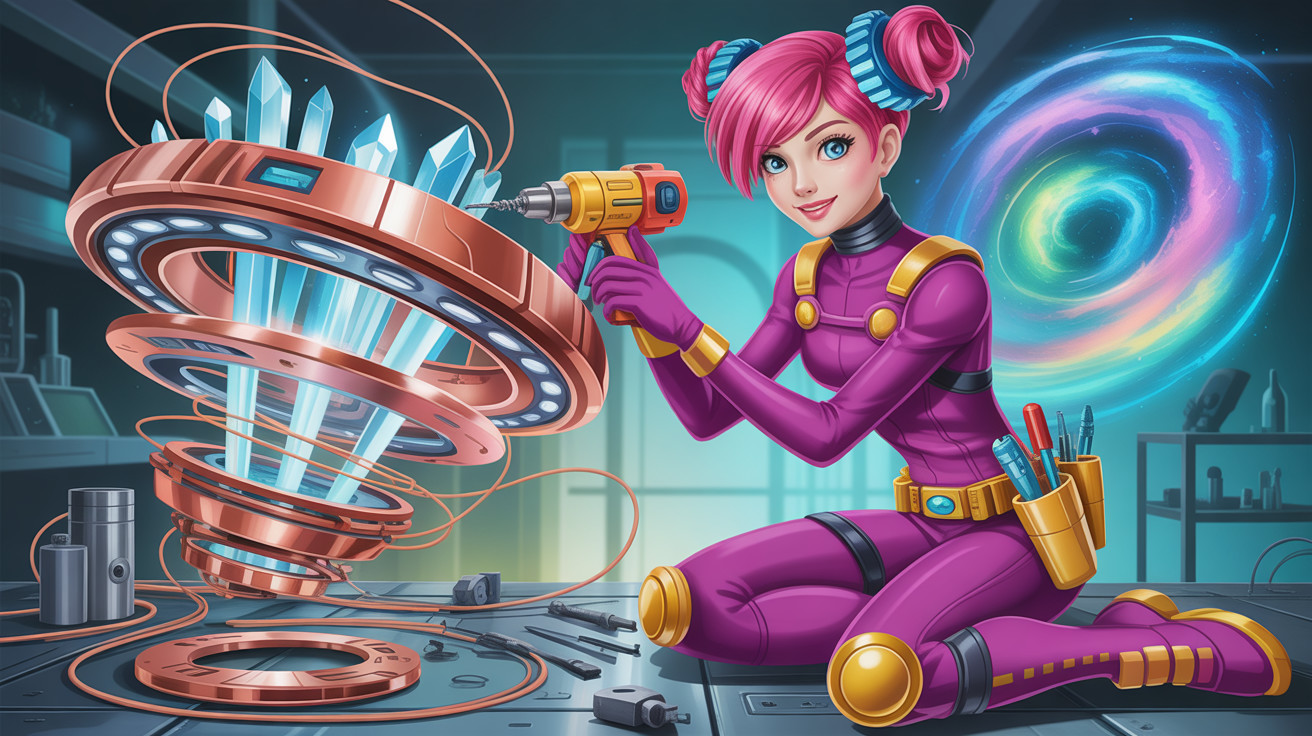 Vibrant illustration of a woman with pink hair and drill