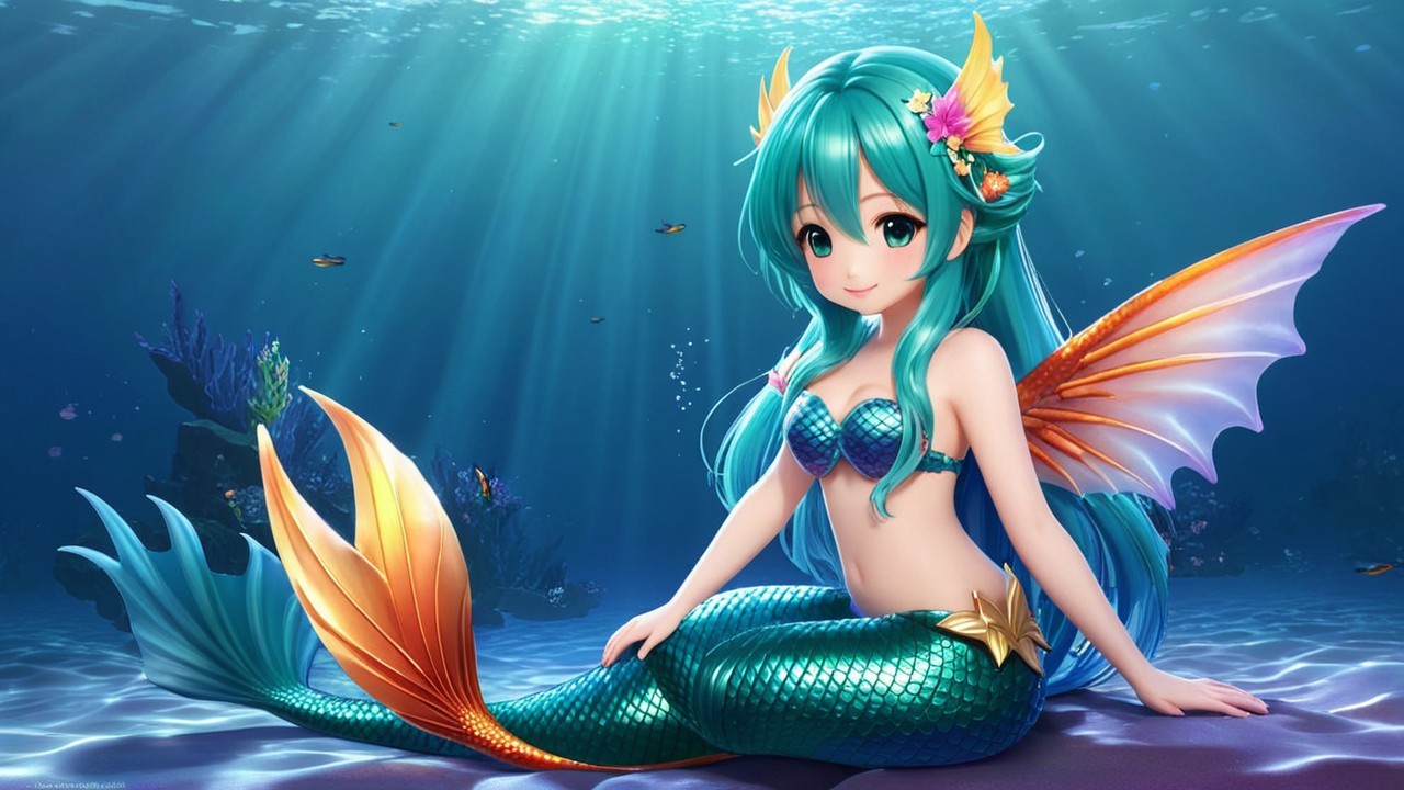 Vibrant Underwater Scene with Whimsical Mermaid