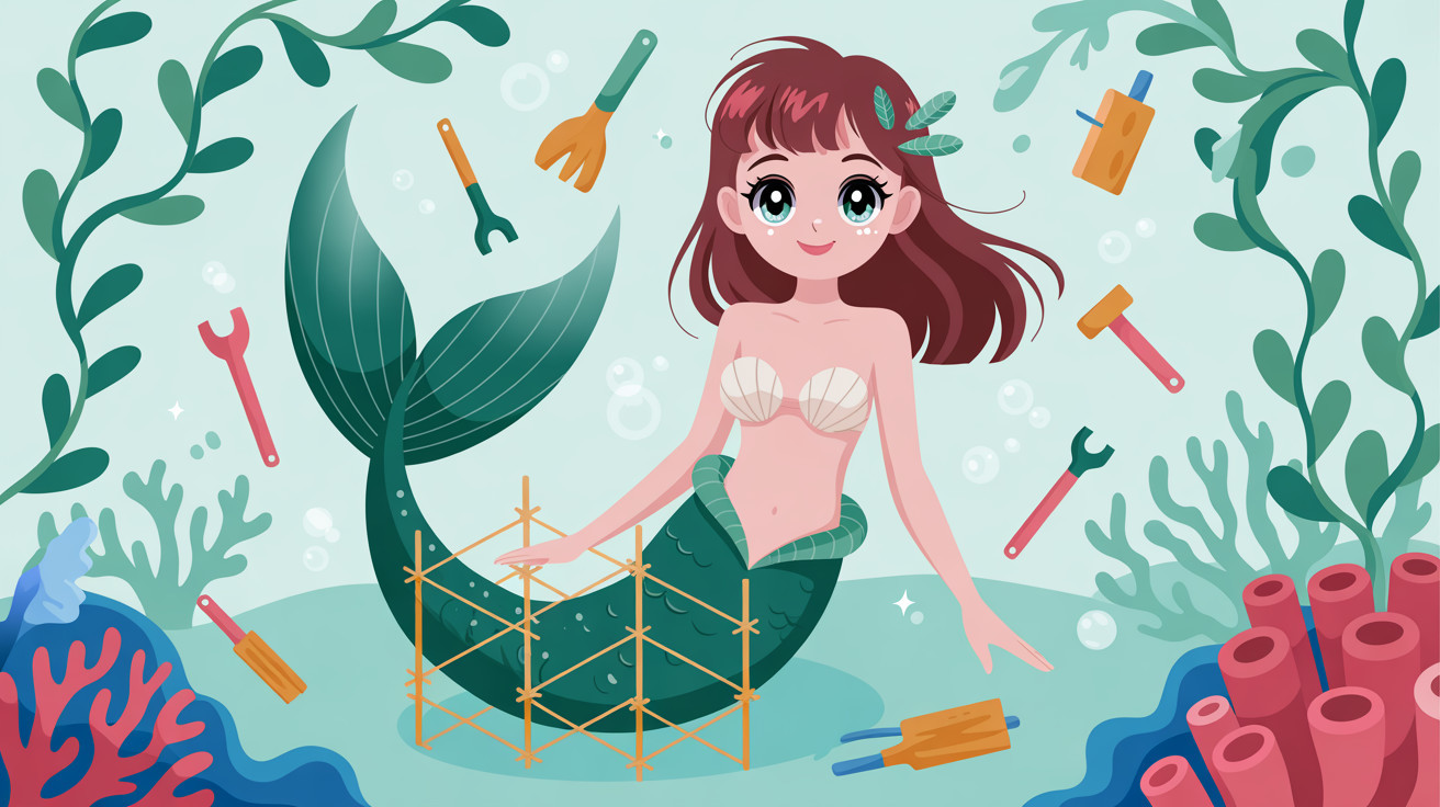 Cartoon Mermaid Repairing Tail in Blue Ocean Scene