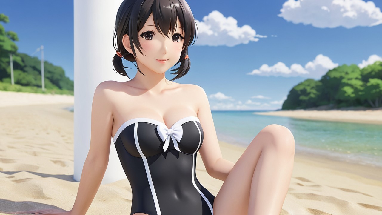 Young Character in Swimsuit on Sunny Beach Scene