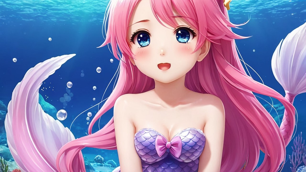 Vibrant Underwater Scene with Cheerful Mermaid