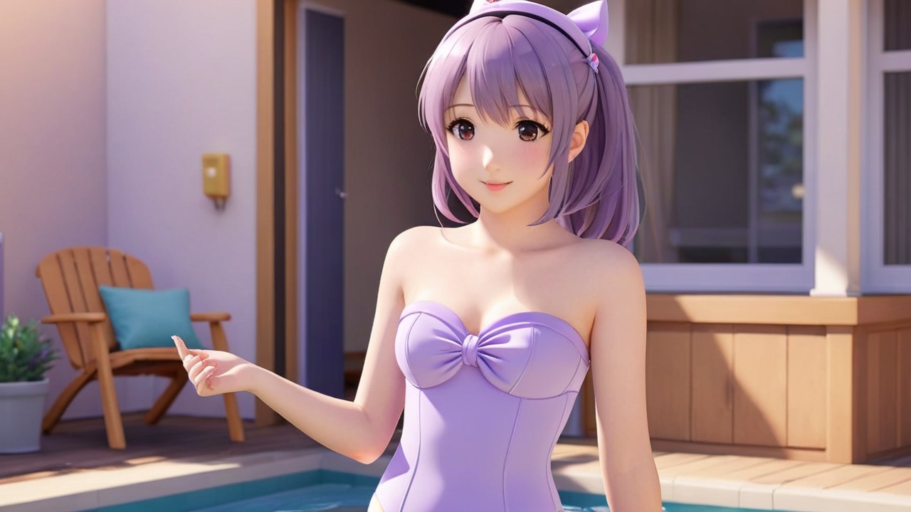 Cheerful anime character by a blue pool in sunlight