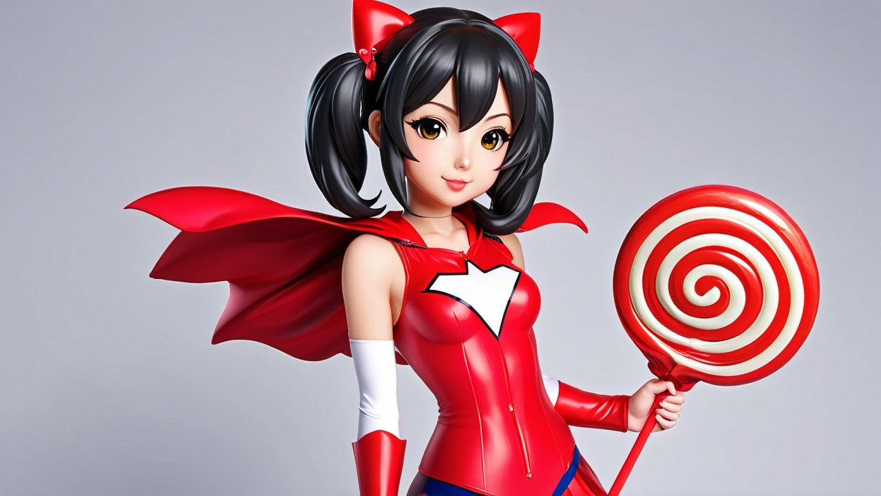 Cheerful superhero character in vibrant attire and lollipop