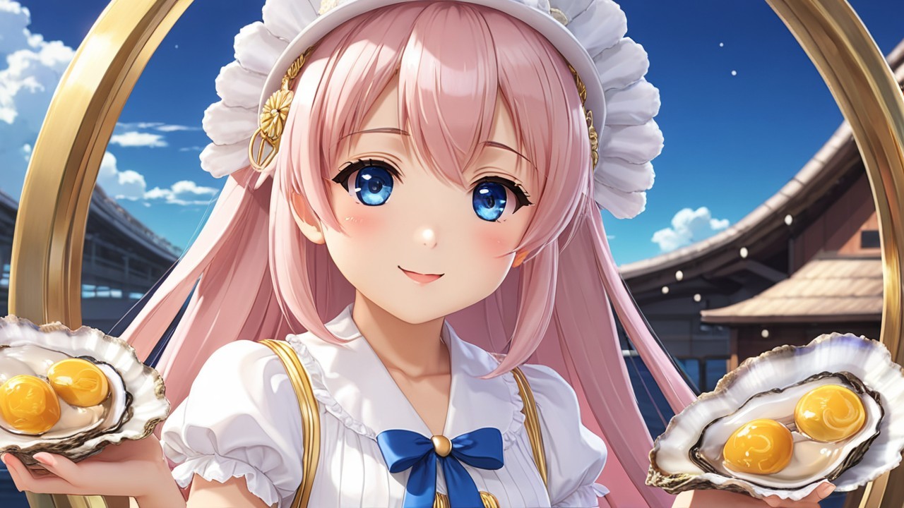 Cheerful character in maid outfit with oysters and pearls