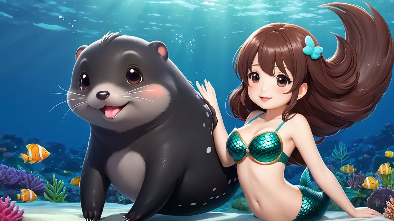 Underwater Scene with Mermaid and Playful Otter