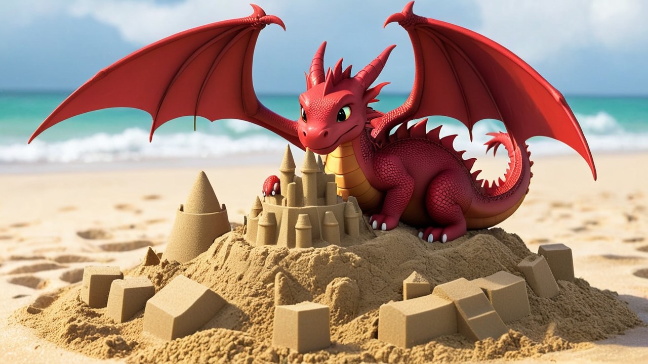 Red Dragon on Sandcastle at Sunny Beach Scene