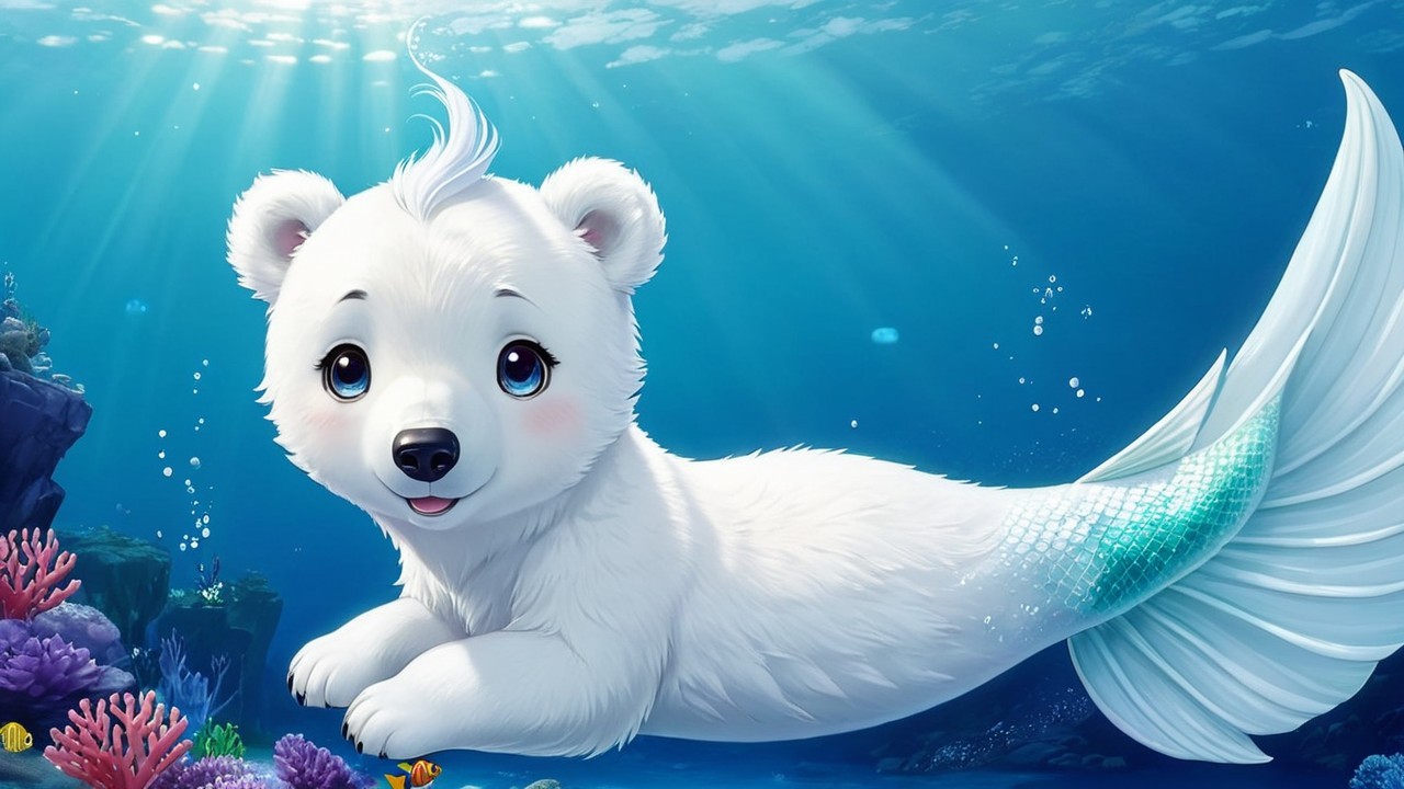 Fluffy White Bear Cub with Mermaid Tail Underwater