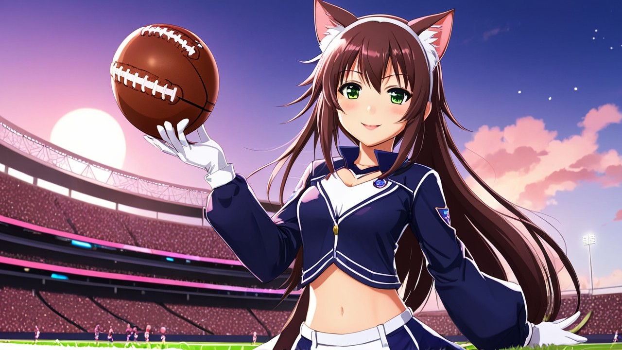 Cheerful anime character with cat ears in stadium