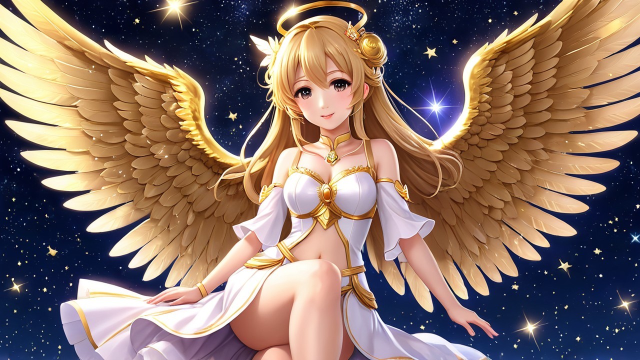 Celestial Figure with Golden Wings Against Starry Background