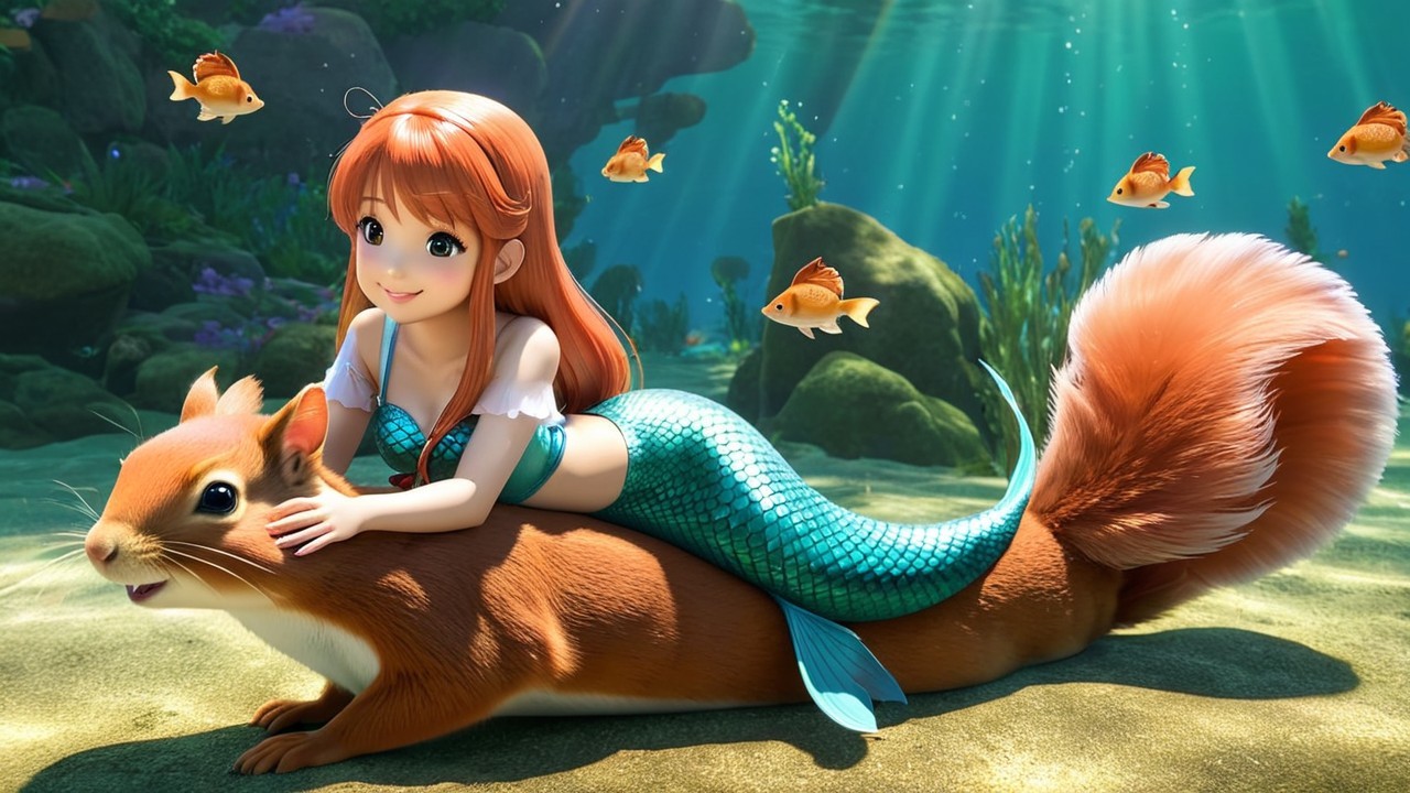 Whimsical Underwater Scene with Mermaid and Squirrel