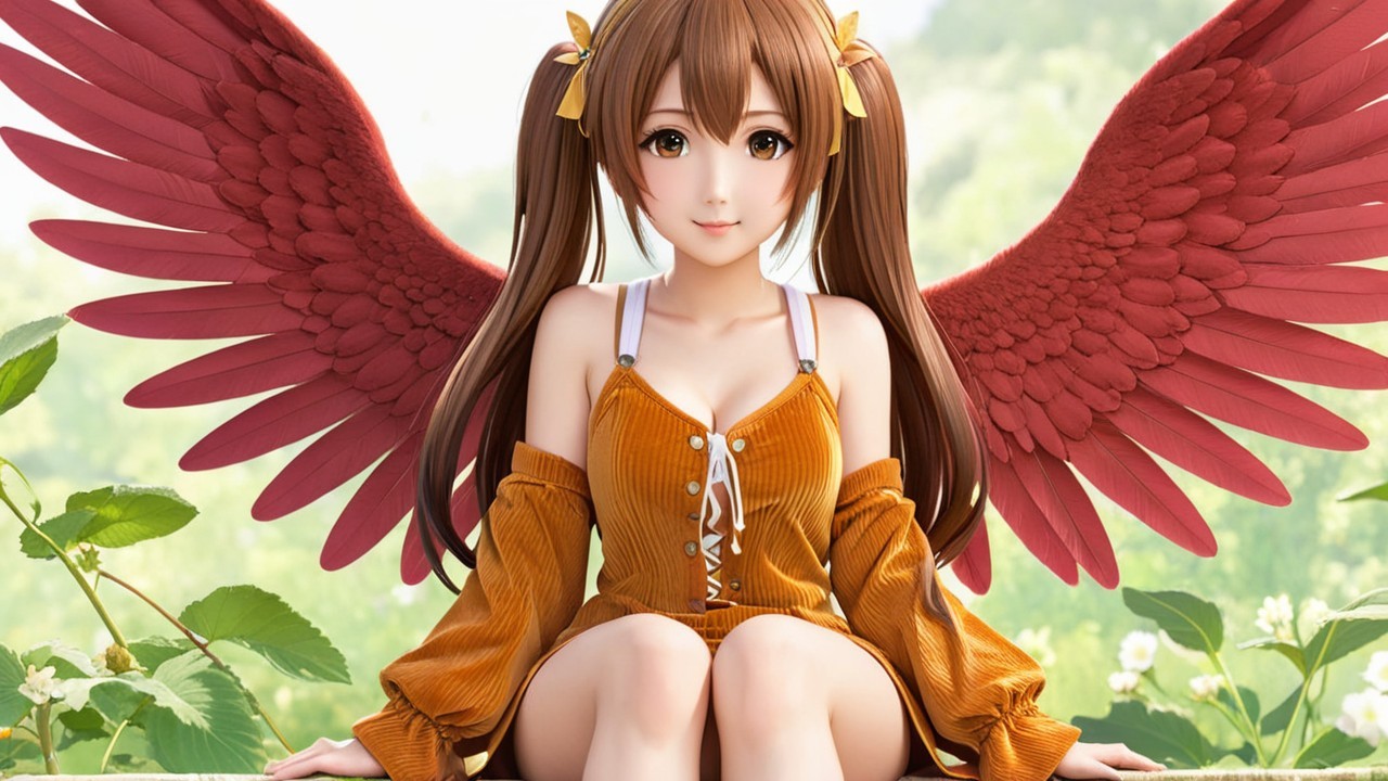 Whimsical Character with Red Wings in Lush Setting