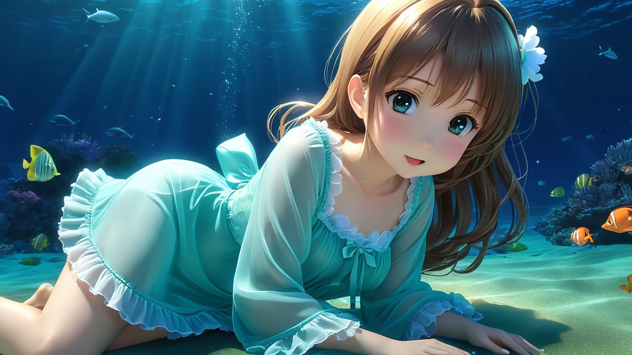 Underwater Scene with a Cheerful Girl and Fish