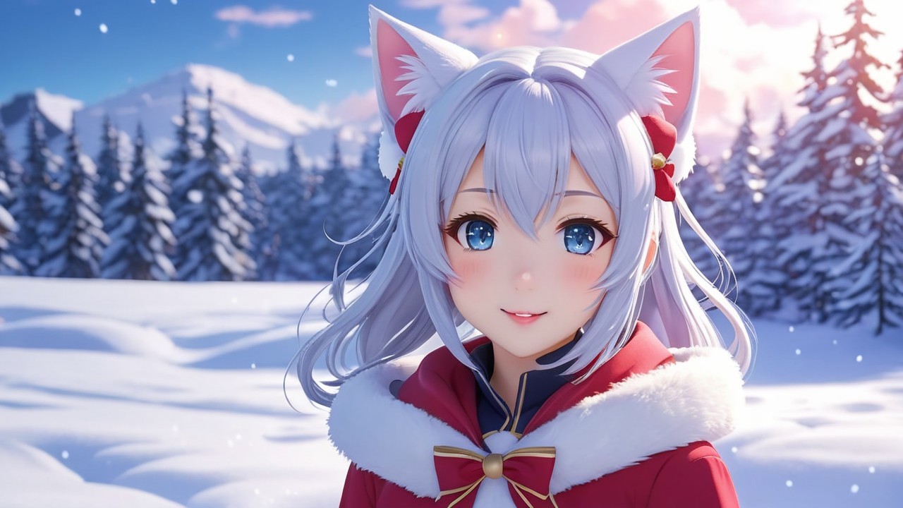 Cheerful Anime Character in Snowy Winter Landscape