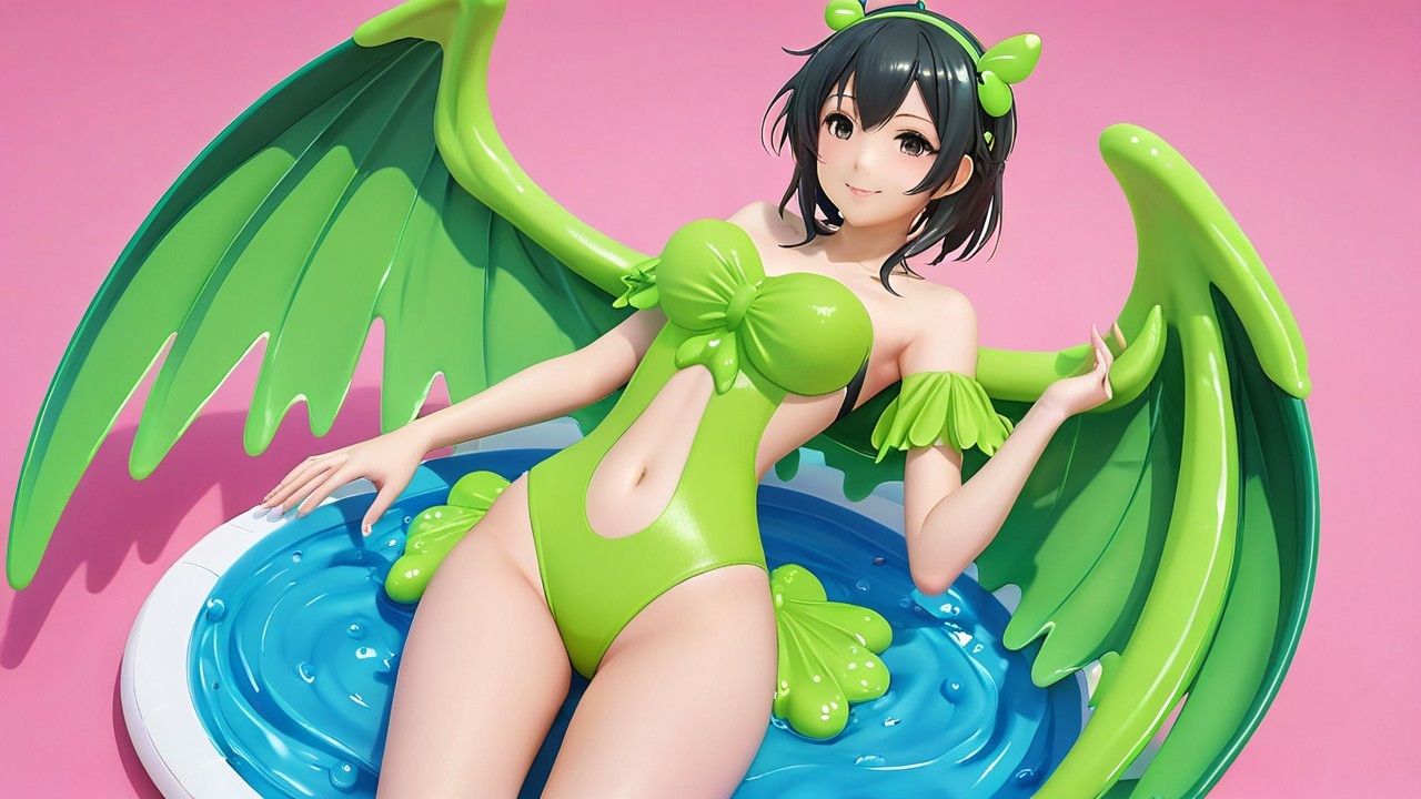 Character with Green Wings in Pool Setting