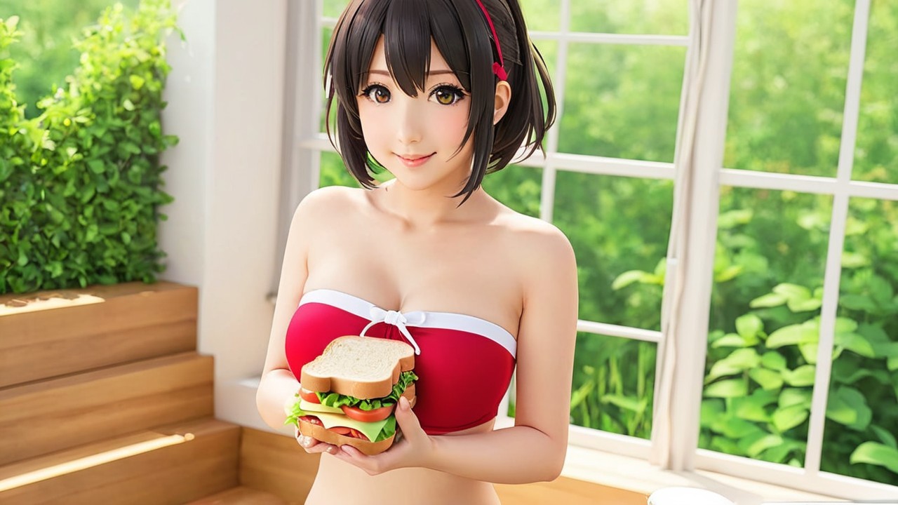 Cheerful girl with colorful sandwich by bright window