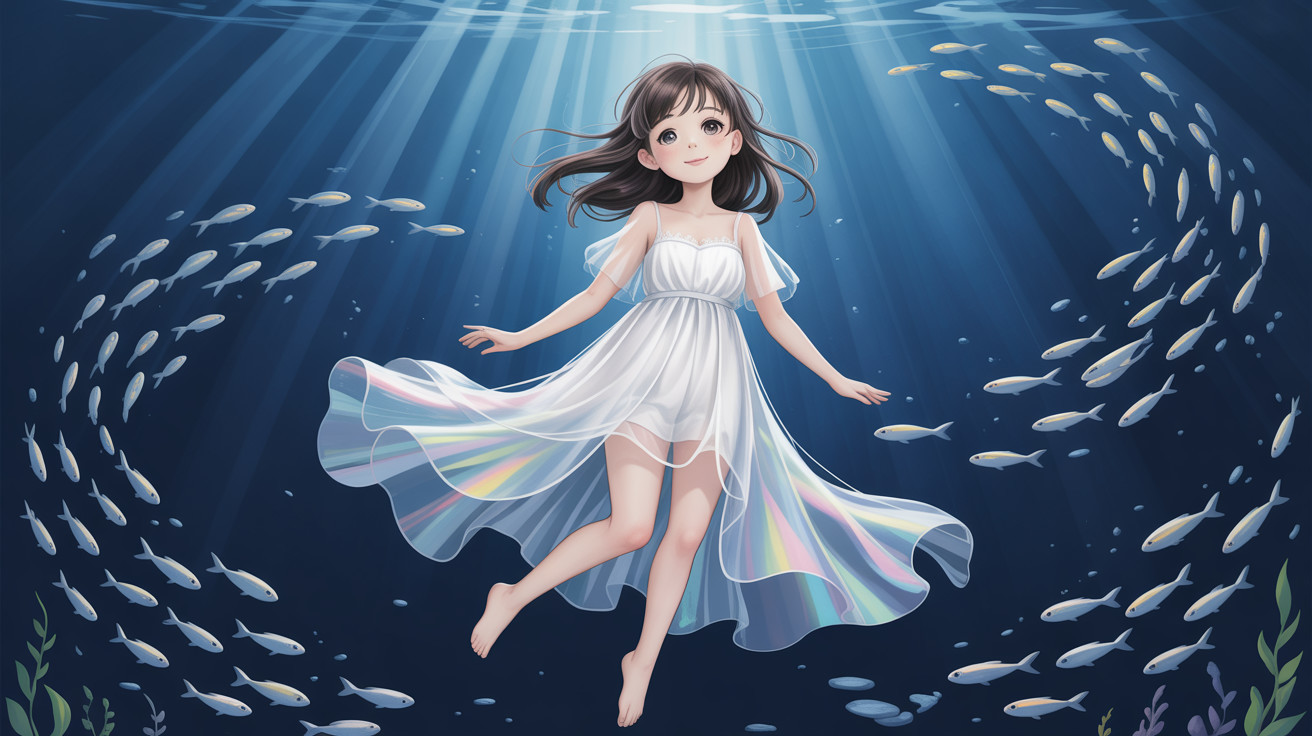Anime girl swimming underwater in a sheer white dress