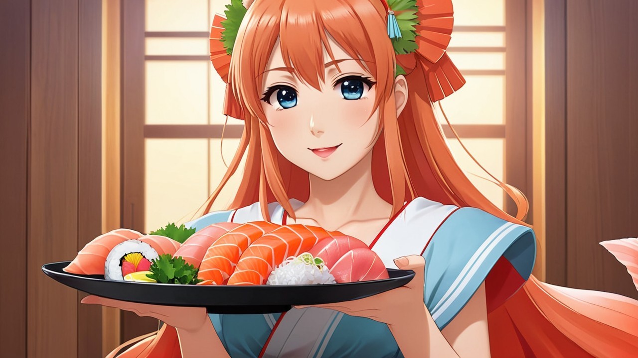 Cheerful anime girl with sushi in traditional setting