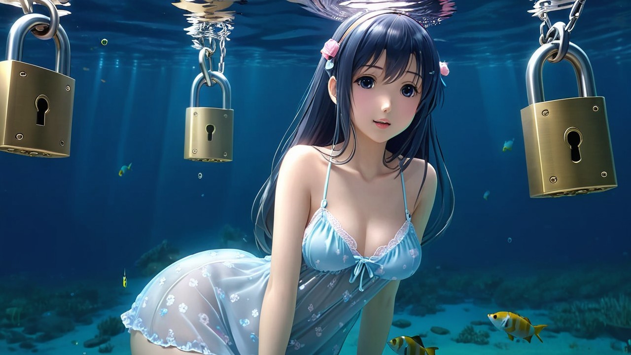 Young woman underwater with padlocks and colorful fish