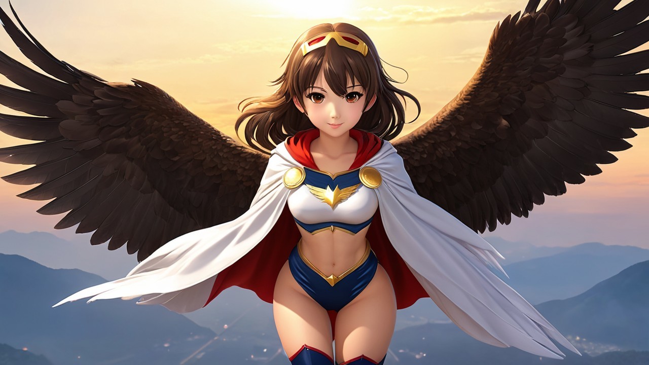 Female Character with Wings at Sunset in Superhero Costume