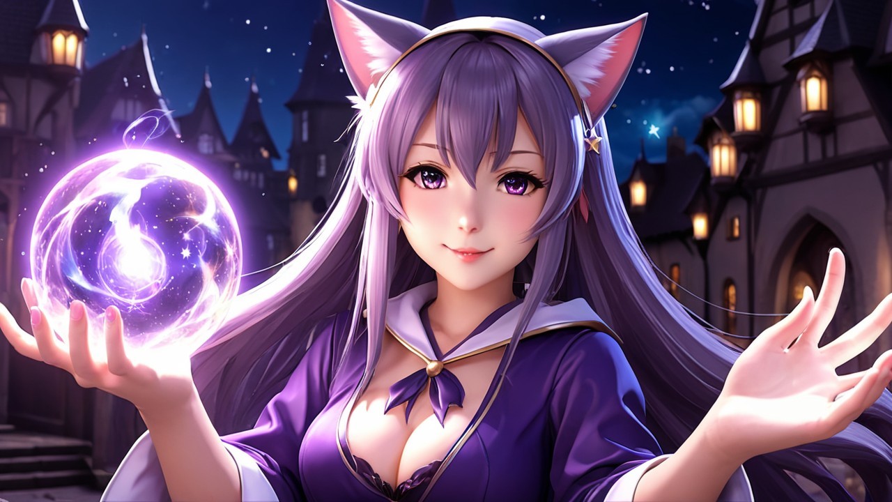 Mystical Character with Purple Hair and Magic Orb