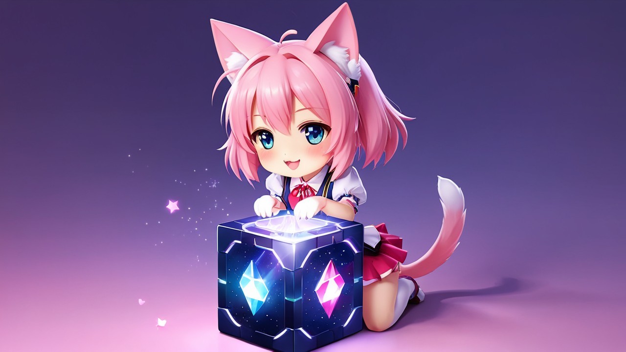 Anime Character with Pink Hair and Cat Ears Beside Box